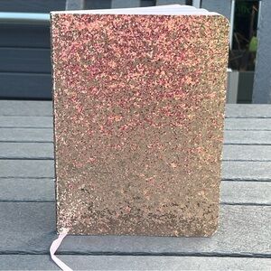 Golden Glitter Diary/Notebook; Pink Page Mark Ribbon; White Lined Paper; 8x6in
